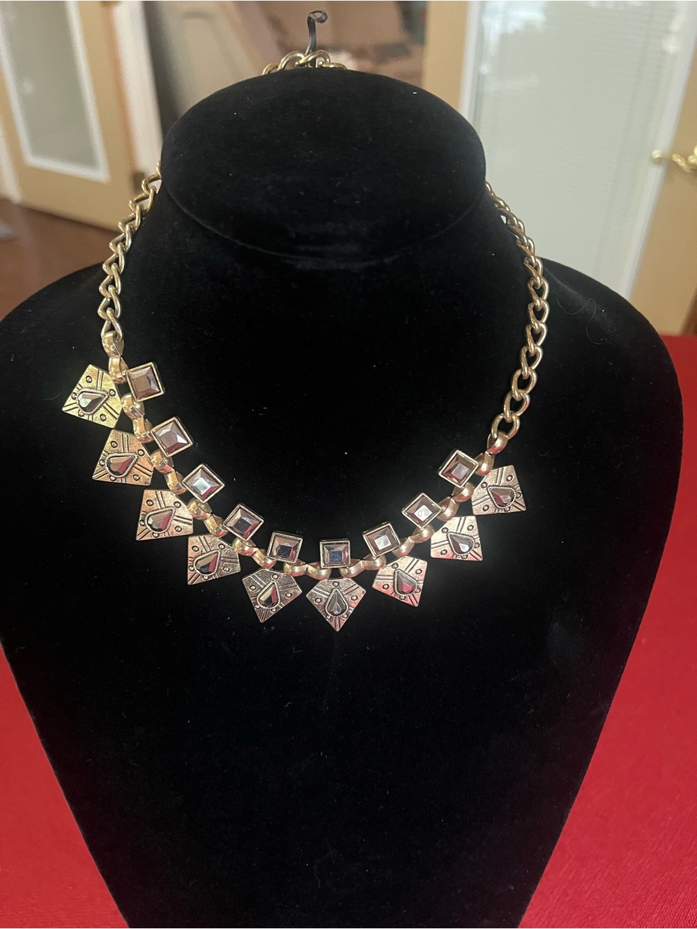 Gold-Tone Geometric Necklace with Black Accent Stones